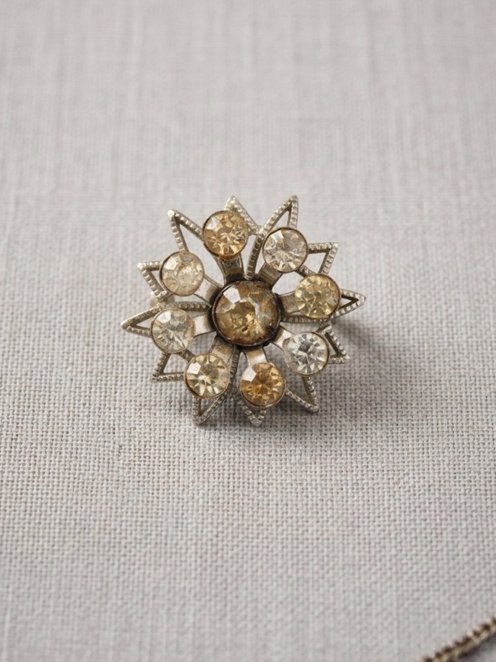 Antique Art Deco Starburst Rhinestone Brooch, Small Silver Tone Statement Pin